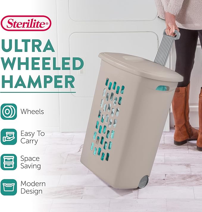 Sterilite 3-Pack Ultra Wheeled Hamper, Plastic Rolling Laundry Basket, Gray Pumice - Portable Clothes Carrier with Flip-Top Lid and Retractable Handle for Home, Apartment, and Dorm