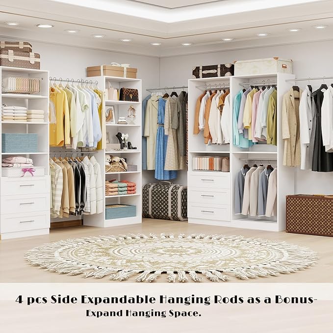 Closet System with 4 Sets, Closet Organizer Systems with 6 Drawers & 7 Hanging Rods & Adjustable Shelves, Walk in Closet Standalone Closet System Modular Closet System Set White