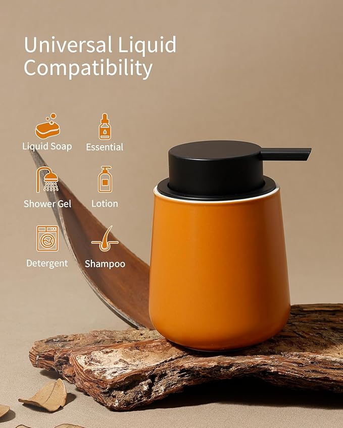 BosilunLife Hand Soap Dispenser - Ceramic Dish Soap Dispenser for Bathroom 12ounce Refillable Liquid Hand Wash Dispenser for Essential Oil, Lotion Soap, Orange