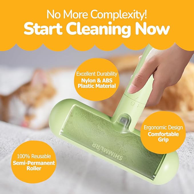 SHIMMURR Reusable Pet Hair Remover - Lint Roller for Dog & Cat Fur - for Furniture, Carpet, Clothing - Detachable Handle (Green)