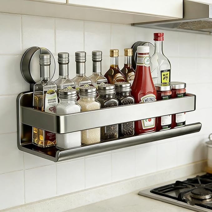 2 Pcs Spice Rack Wall Mounted Organizer, 11.8 in Suction Cups Spice Organizer, Metal Spice Shelf, Excellent Carbon Steel, Rustproof and Moisture-Proof, Grey