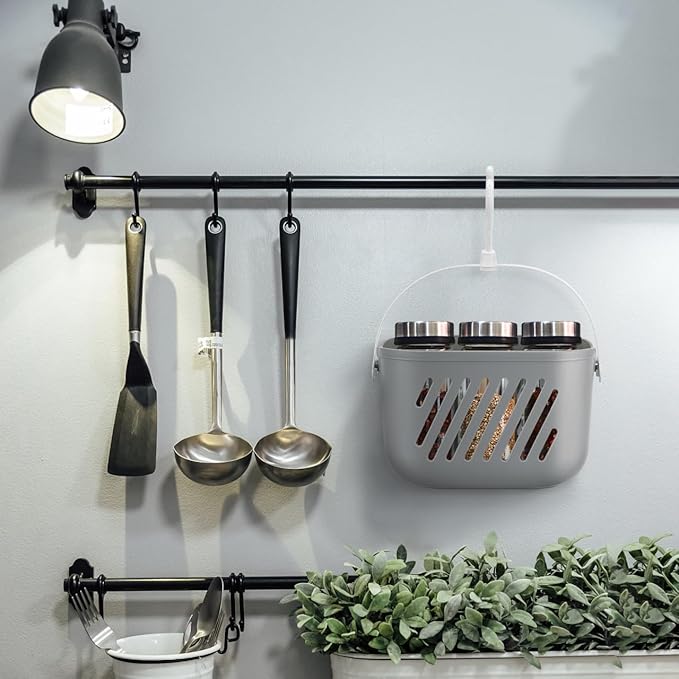 DECHOUS Small Plastic Hanging Storage Basket with 360 Rotation Hook - Grey Hanging Shower Caddy Basket for Bathroom Shampoo, Kitchen Essentials Organizer