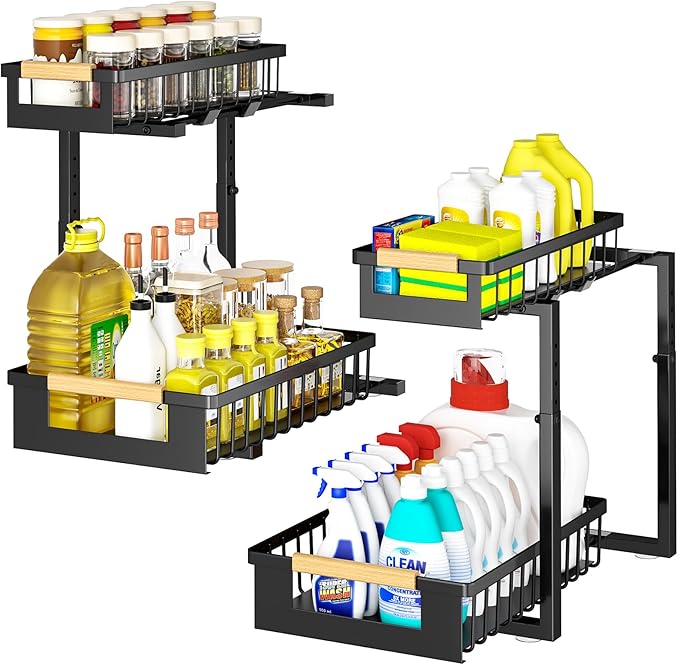 GUUKAR Under Sink Organizer 2-Pack Pull out Cabinet Organizer 2 Tier Metal Shelf Undersink Rack for Kitchen Bathroom Pantry Cabinet Organization and Storage, Black