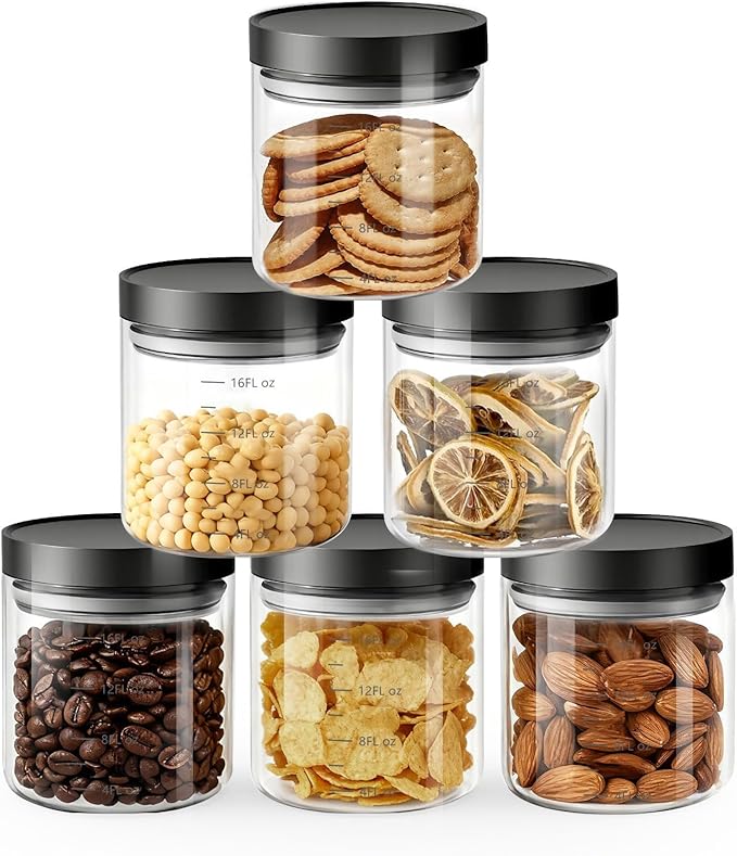 Danbark Set of 6 18oz Airtight Glass Storage Canisters with Lids - Pantry Organizers and Storage Glass for Kitchen - for Pantry, Flour, Sugar, Coffee, Tea, Pasta, Rice, and Snacks - Black