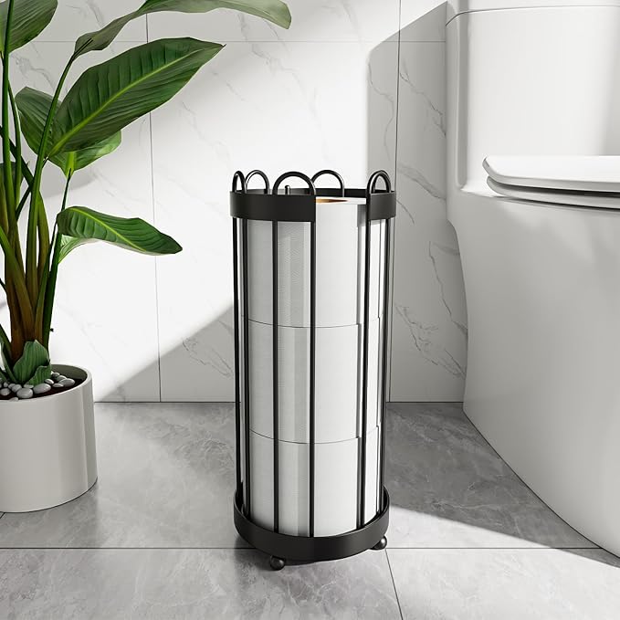 Epicano Toilet Paper Holder Stand, Freestanding Toilet Tissue Organizer, Minimalistic Storage Solution, Holds Mega Rolls-Modern Black