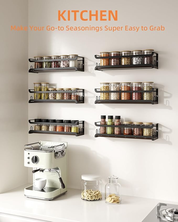 Doakhirmit Wall Mounted Spice Rack with 16 Hooks, Rustic Wood Spice Organizer Shelf for Stove Cabinet Pantry Door,Screw or Adhesive Hanging Spice Shelf,Wall Spice Rack in Kitchen and RV,2 Pack