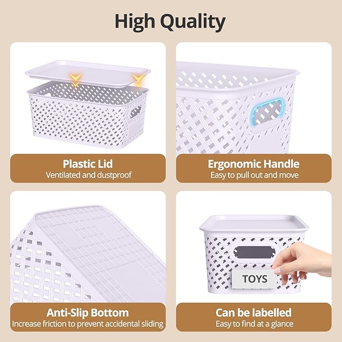 Plastic Storage Bins with Lid, Stackable Small Box Basket for Organizing and Containers for Shelves Drawers Desktop Closet Playroom Pantry Classroom Office Home, 6-pack 10.2"x7.2"x4.1" Lavender