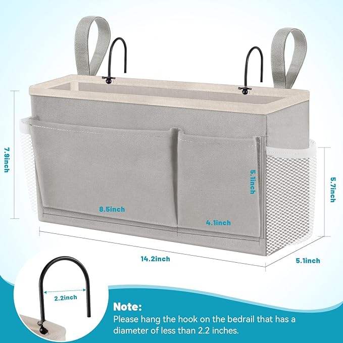 BlissTotes Bedside Caddy, Bedside Storage Organizer for Bunk Bed Accessories, Dorm Storage for Bedside Shelf and Bunk Bed Shelf, Bed Caddy for Home, Dorm, Bunk (Light Gray, 2 Pack)