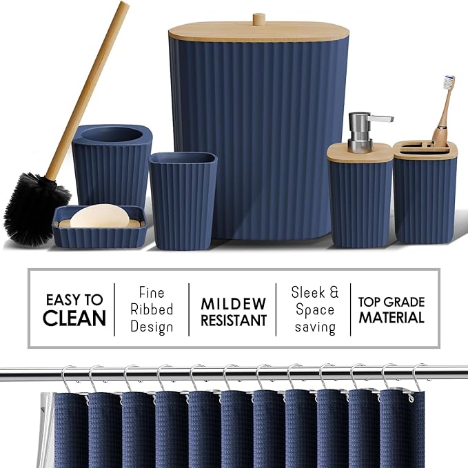 Clara Clark Bathroom Accessories Set - Bathroom Set, Bathroom Accessory Set, Shower Curtain Set, Toilet Brush, Trash Can & Soap Dispenser - Navy - 20PC