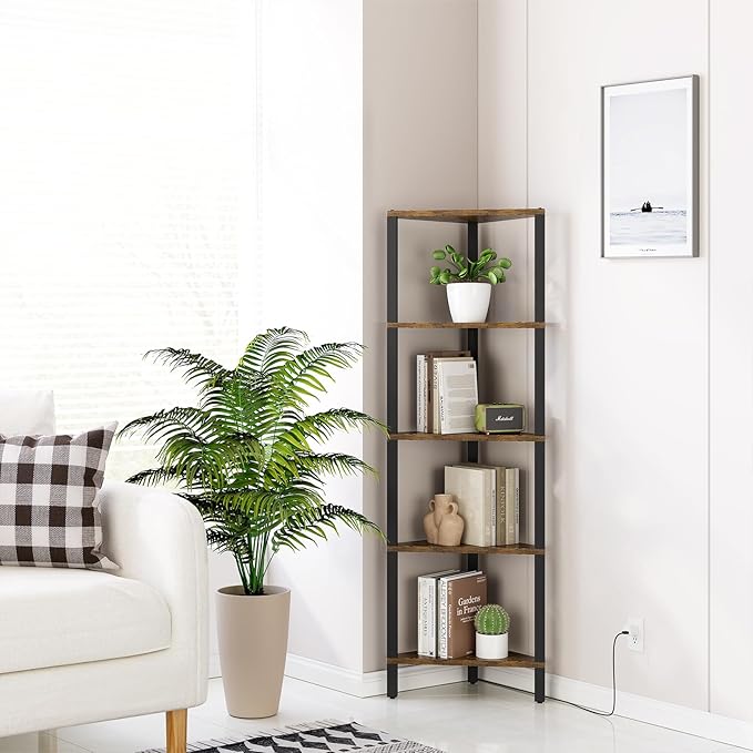 TUTOTAK Corner Shelf with LED Light, 5-Tier Corner Bookshelf for Small Space, Narrow Display Corner Shelf Stand with Storage Rack, for Living Room, Bedroom, Rustic Brown BS05BB005L