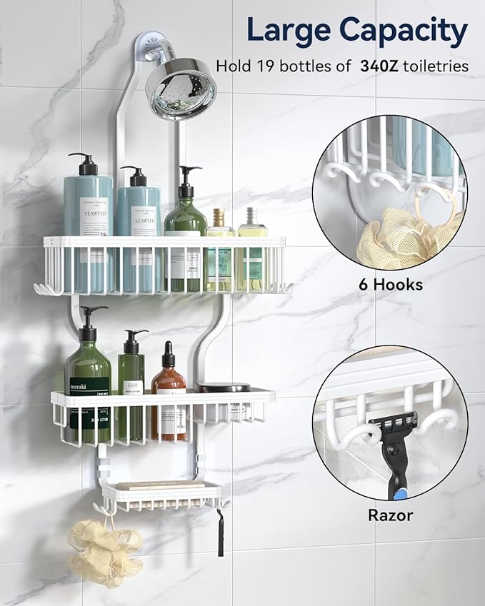 YASONIC Shower Caddy - Never Rust Aluminum Organizer - Over Shower Head with 10 Hooks & Soap Basket - White