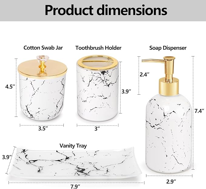 Haturi Glass Bathroom Accessories Set – 4-Piece Marble-Style White and Gold Bathroom Set with Soap Dispenser, Toothbrush Holder, Jar with Lid – Elegant Glass Design for Modern Vanity Décor