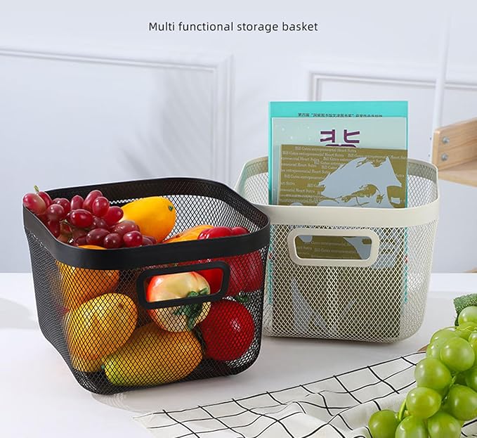 Metal Mesh Steel Baskets, Household Wire Storage Organizer Bin Garden Harvest Basket Multi-functional Fruit Baskets with Handles for Kitchen Bathroom Picnic Shopping Decor Cabinet Home, Beige