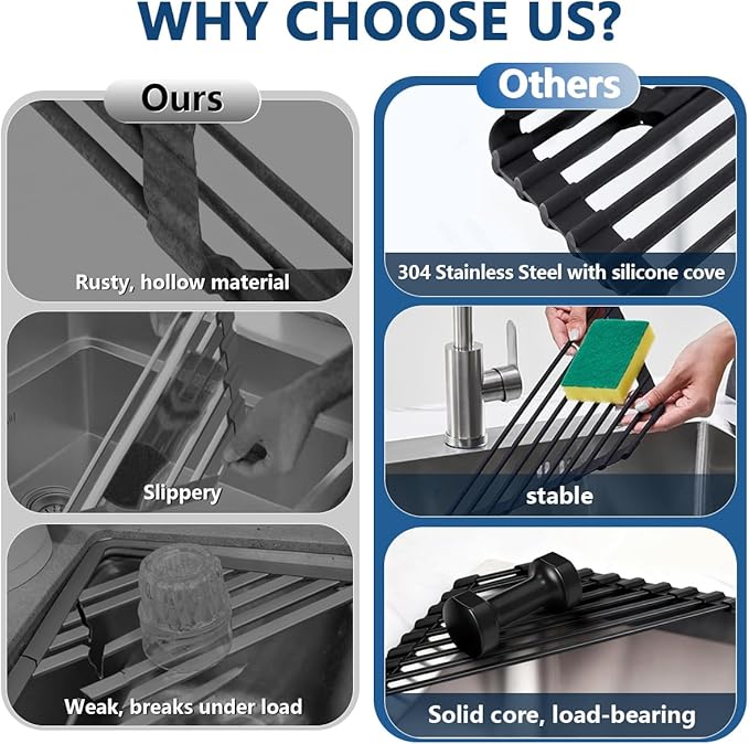 Credon Triangle Roll Up Dish Drying Rack, Foldable Anti-Slip Kitchen Sink Drainer Organizer, Silicone Coated Stainless Steel Frame, Multipurpose Over Sink Corner Caddy for Space Saving (Black)