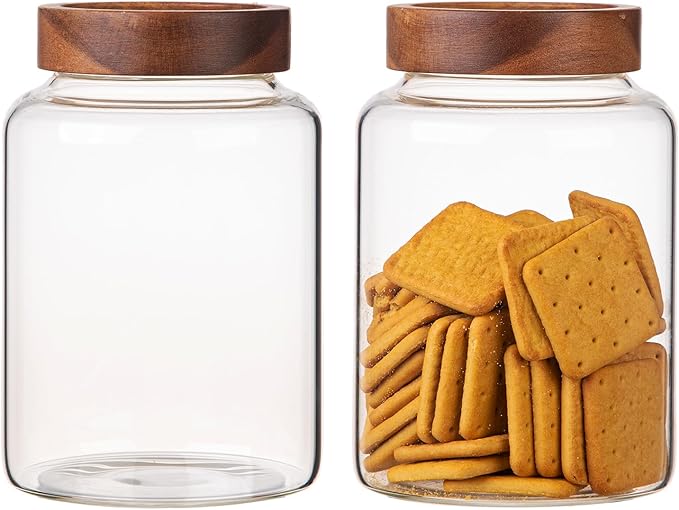 Patoper Large Glass Coffee Jars 60 oz /1800ml, Round Storage Canister with Wooden Lid Clear Glass Food Jar for Pantry Sugar Tea Coffee Bean Spice Nuts Cookies Bath Salts (1800ml/60oz-2PACK)