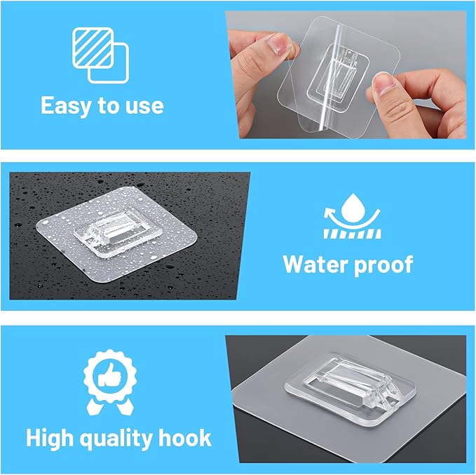 Xyembu 14 Packs Shower Caddy Adhesive Replacement, Transparent Strong Adhesive Hooks, Waterproof Shower Strips, Flat Hooks for Bathroom Kitchen Racks and Storage Shelves, No Drilling