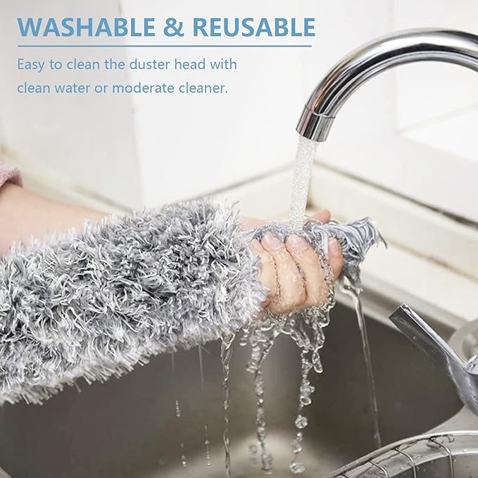 Microfiber Duster with Extension Pole(Stainless Steel) 30 to 100'', with Bendable Head, Extendable Long Duster for Cleaning Ceiling Fan, High Ceiling, Keyboard, Furniture Cars Gray