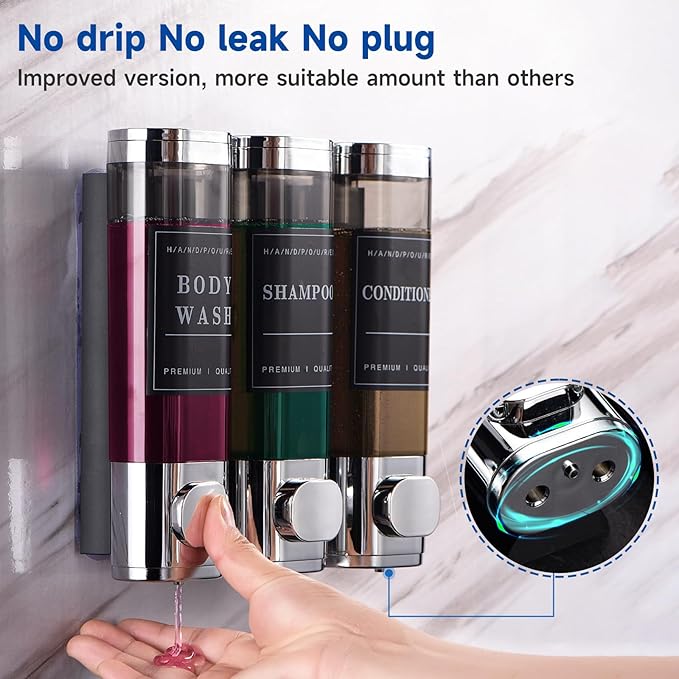 Shower Soap Dispenser Wall Mounted No Drill Shampoo Dispenser for Shower Wall Shampoo and Conditioner Dispenser Bathroom Hote 3 * 300ml Chrome Self