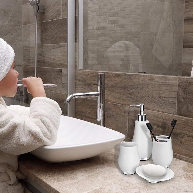Bathroom Accessories Set 4 Pcs Toothbrush Holder Soap Dispenser Ceramic Bathroom Accessory Set with Toothbrush Cup Soap Dish Tumbler White