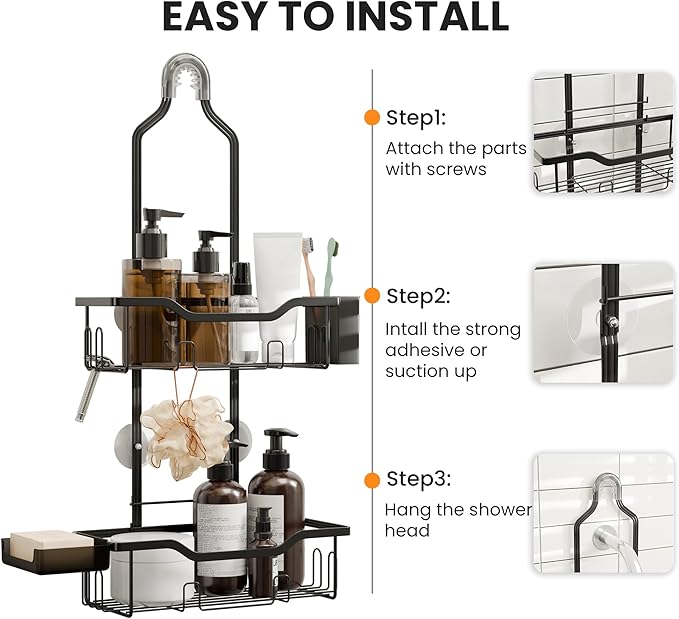 Hanging Shower Caddy Over Head,2 Tier Rustproof Shower Organizer for Tall Showerhead,No Drill Bath Caddy Hanging with Soap Dish and Toothbrush Holder for Razor and Sponge,Black