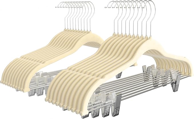 VECELO 40 Pack Velvet Clothes Hangers with Adjustable Clips,Heavy-Duty Non Slip & Space-Saving with 1 Magic Hangers & 2 Tie Rack for Suit Coat Pants Skirt Dresses
