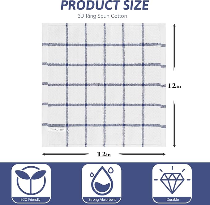 Nialnant 4PCS Cleaning Rags,100% Cotton Terry Dish Rags for Washing Dishes,Quick Drying Dish Cloths,Dish Towels for Kitchen,Navy Blue Plaid-12x12in