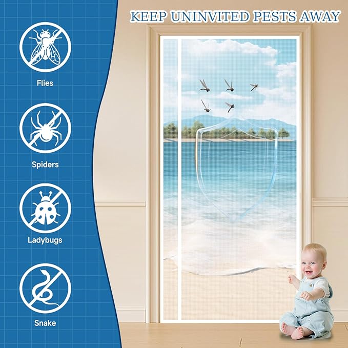 Magnetic Screen Door Left Right Side Opening Upgraded PET Mesh Greater Than Fiberglass and Polyester,Keep Bugs Out,Pet & Kid Friendly,Suitable for Sliding Doors,Patio French Doors-36" X 96"