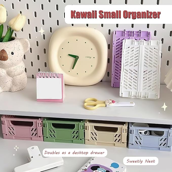 Pastel Plastic Storage Baskets 2 Pack, Collapsible Crates for Organizing, Space-Saving Bins for Kitchen, Office, Bedroom (Purple, Small: 5.8"x 3.8" x 2.2")