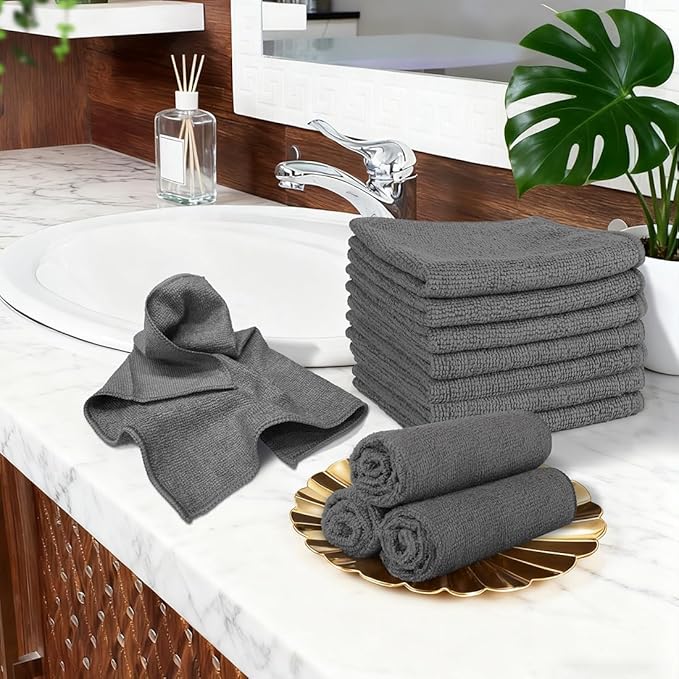 Orighty Washcloths Towels Set 10 Pack, Highly Absorbent and Soft Feel Microfiber Face Cloths, Multi-Purpose Wash Cloths & Hand Towels for Bathroom, Hotel, Spa, and Gym, 11.5x11.5 Inch, Grey