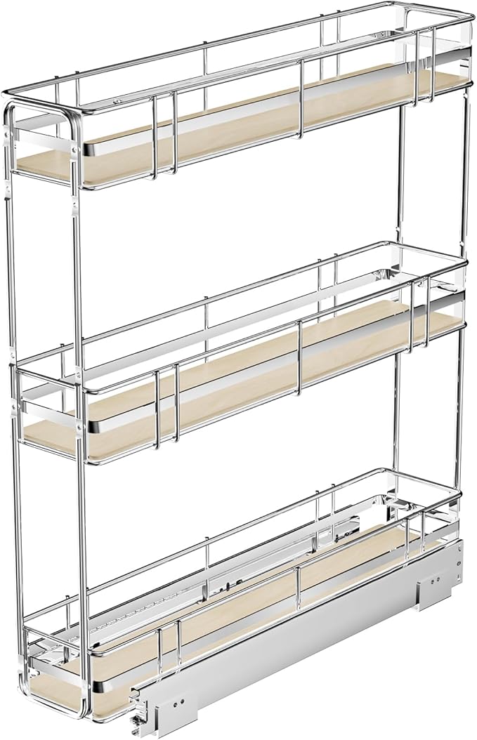 Pull Out Spice Rack Cabinet Organizer 6" W x 20½" D, 3 Tier Heavy Duty Slide Out Wood Shelf for Narrow Cabinet, Pull Out Storage for Kitchen