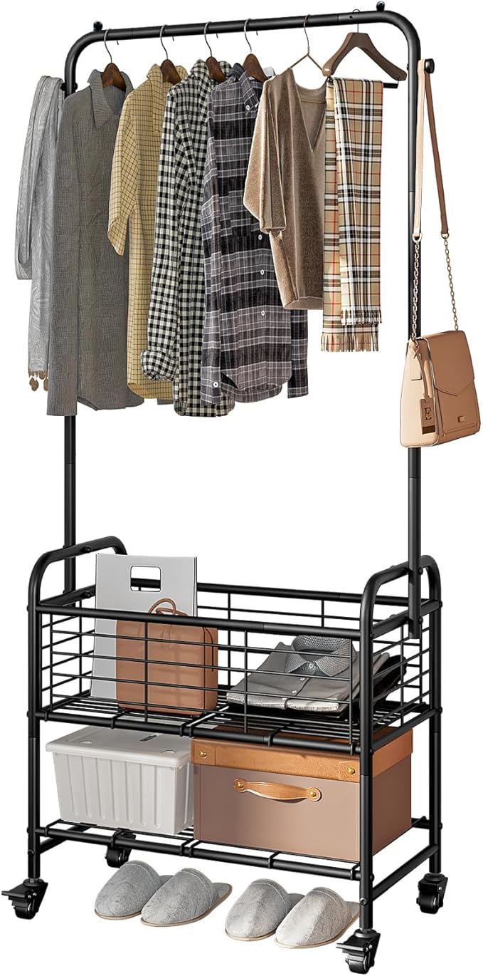 SUOERNUO Laundry Cart with Hanging Rack Rolling Laundry Hamper Sorter with Wheels Shelf,Black