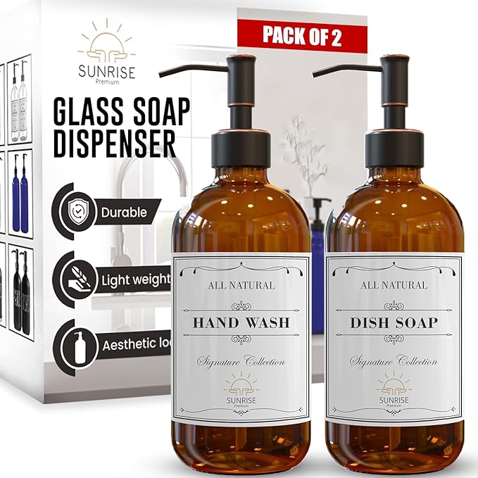 2 Pack Amber Glass Soap Dispenser 16 OZ with Oil Rubbed Bronze Stainless Steel Pump, Hand and Dish Soap Dispenser Set for Bathroom and Kitchen Sink with 6 Waterproof Labels