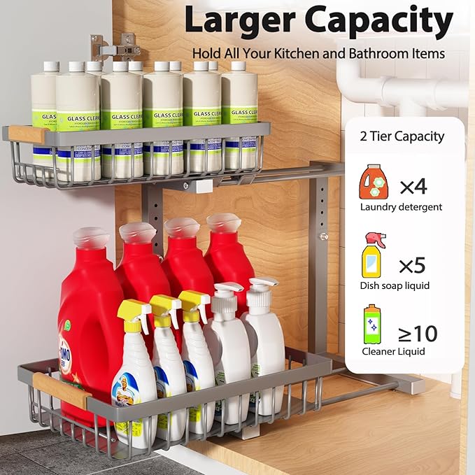 Under Sink Organizer 2 Pack, 2 Tier Slide Out Large Capacity Height Adjustable Under Sink Organizers and Storage for Kitchen Bathroom Cabinet, Grey