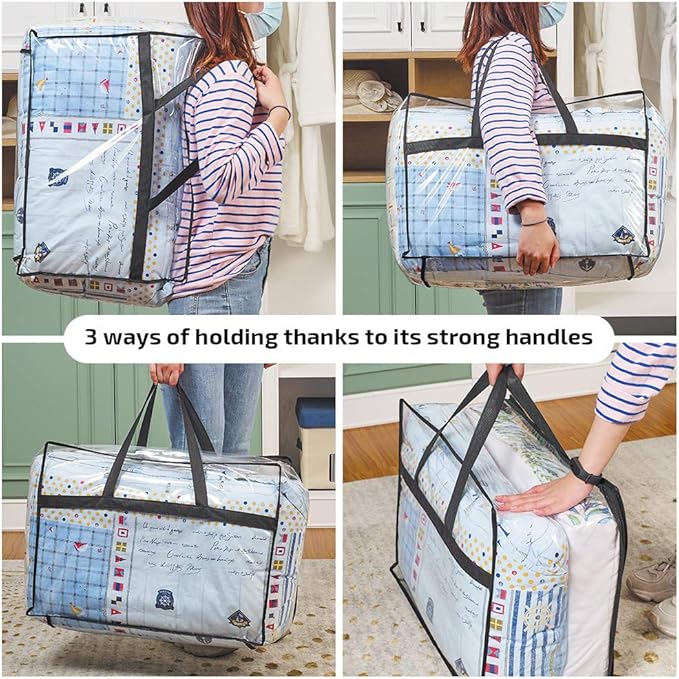 Clear Clothes Storage Bag Organizer with Reinforced Handle, Vinyl Storage Bags for Comforter, Blanket, Bedding, Toys, Transparent Moving Totes with Sturdy Dual Zippers, 3 Pack, 55 L, Black