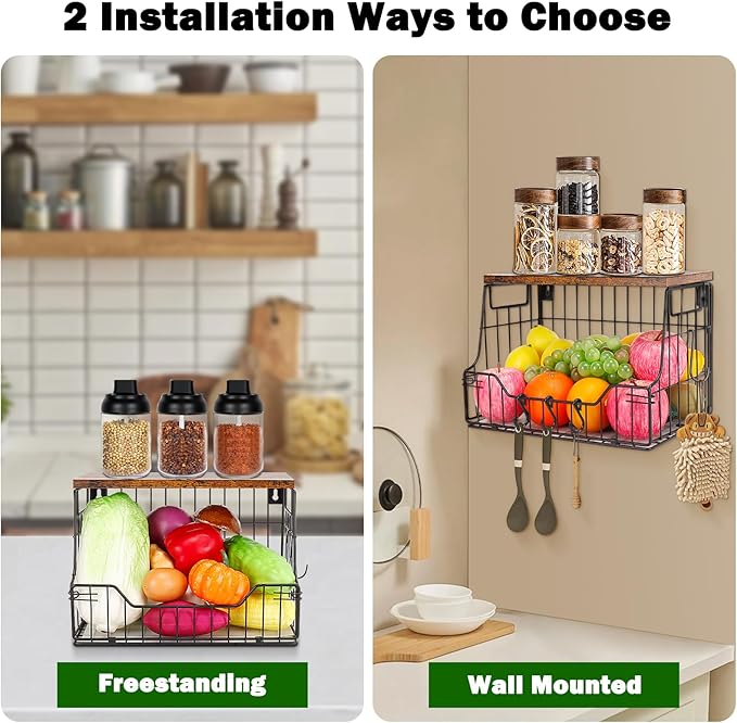 Livabber Fruit Basket for Kitchen, Metal Fruit Vegetable Storage Bin with 2 Banana Hangers, Countertop Wire Basket Organizer for Snack Potato Onion, Screw Mounted or Stand (Black, 1 Pack)