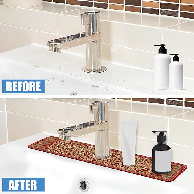 Sink Splash Guard Faucet Mat Red Retro Boho Flowers Absorbent Fast Drying Mat Sink Gadgets Splash Guard Behind Faucet Drip Catcher for Kitchen Bathroom 23.5"X5.5"