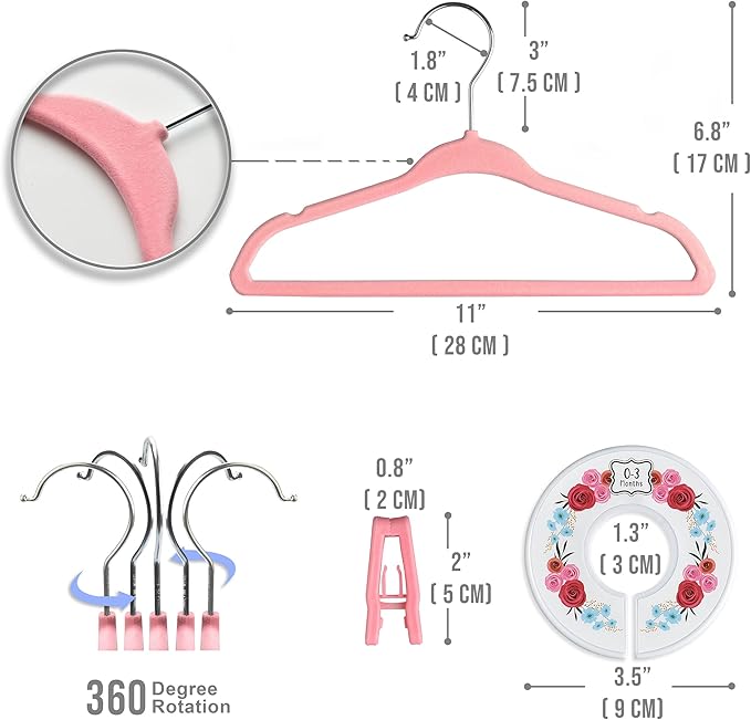 Velvet Baby Hangers with 10x Clips and 8X Dividers (30 Pack) | 11” Ultra-Slim Baby Clothes Hangers | Non-Slip Felt | Space-Saving Nursery & Infant Closet Organizer | Pink