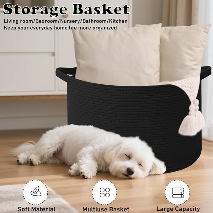 65L Large Blanket Basket,19.7" L x 19.7" W x 13" H Rope Woven Baskets with Handles, Toys Storage Bins,Laundry Basket Perfect for Living Room, Nursery,Bedroom,Home Organization,Black