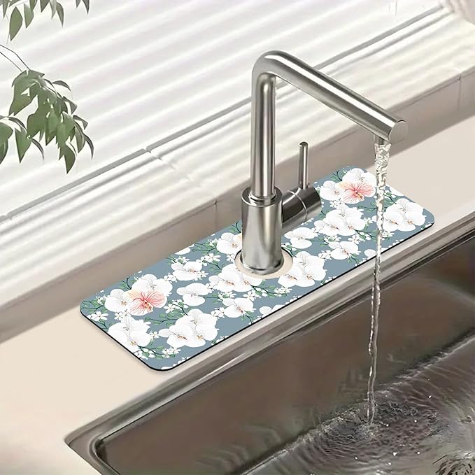 Colorful Wildflowers Kitchen Sink Splash Guard Faucet Mat White Orchid Super Absorbent Fast Drying Mat Sink Splash Guard Behind Faucet for Kitchen Bathroom, 15.5"x5.5"