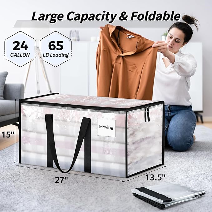 16 Pack Extra Large Heavy Duty Moving Bags, Clear Storage Bins with Lids, Reinforced Handles & Heavy-Duty Zippers Moving Boxes Storage Bags Totes for Clothes Packing, Dorms, College Supplies, Clear