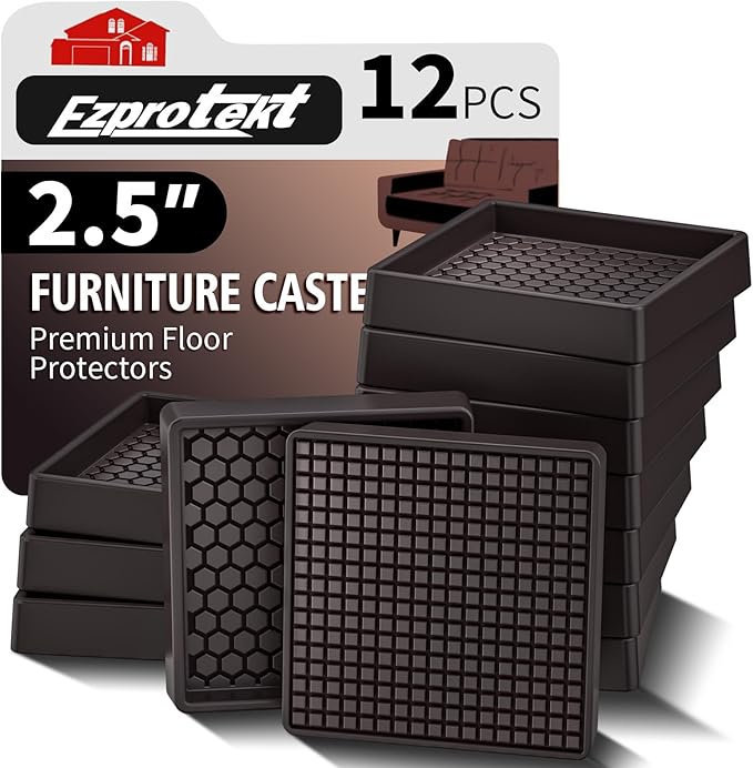 Ezprotekt Non Slip Furniture Pads, 12 Pcs 2.5" Anti Skid Rubber Furniture Caster Cups, Anti-Slip Furniture Coasters for Hardwood Floors, Anti Slide Floor Protectors for Bed Couch Stoppers (Brown)