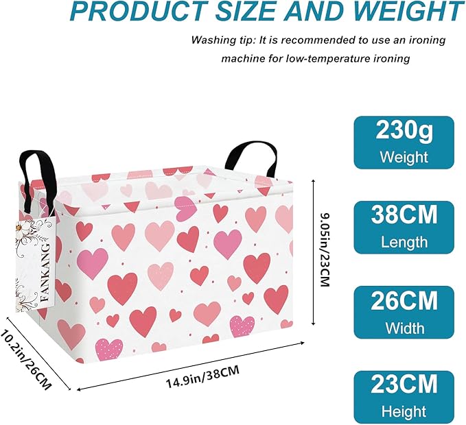 FANKANG Storage Bins,Nursery Hamper Canvas Laundry Basket Foldable with Waterproof PE Coating Storage Baskets for Boys and Girls, Office, Bedroom, Clothes,Toys(Rec-Colorful hearts ）