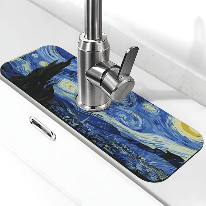 The Starry Night Kitchen Sink Splash Guard Faucet Mat Super Absorbent Fast Drying Mat Sink Gadgets-Fast Drying Pad Sink Mat For Kitchen Bathroom (15" X 5.5" )