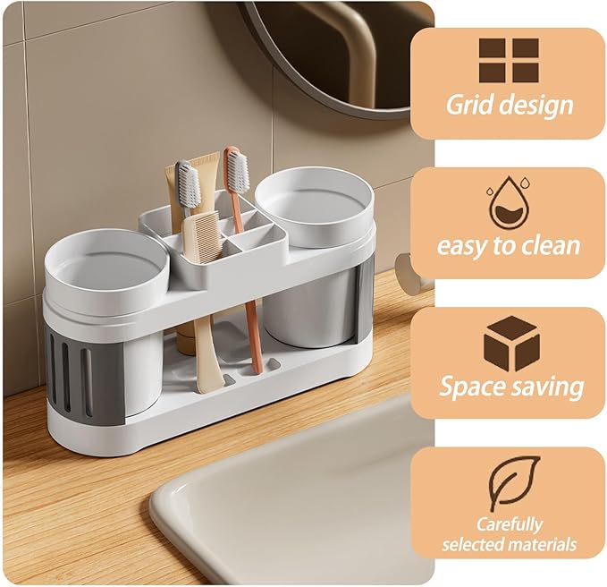 Round Toothbrush Holder Set: Bathroom Vanity Organizer for Toothbrushes & Cups, Suitable for Couples & Kids (Gray White)