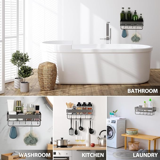 CIBOTIES Shower Caddy, 11.8 inch Stainless Steel Shower Shelves for Inside Shower with Hooks & Towel Bar - Space-Saving Bathroom Organizers and Storage for Showers, Kitchens