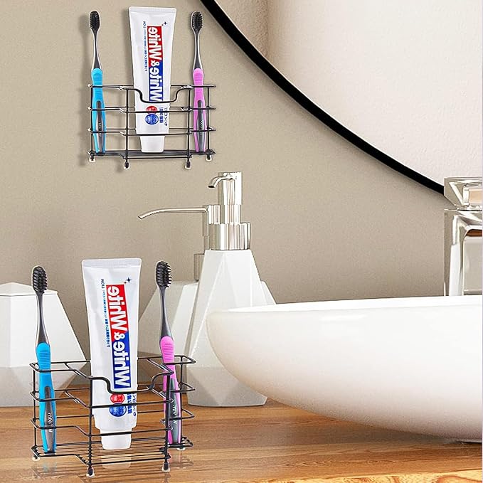 Stainless Steel Toothbrush and Toothpaste Holder for Bathroom - 3-Slot Organizer with Modern Black Design, Space-Saving and Hygienic Bathroom Storage for Countertop or Shower (Medium)