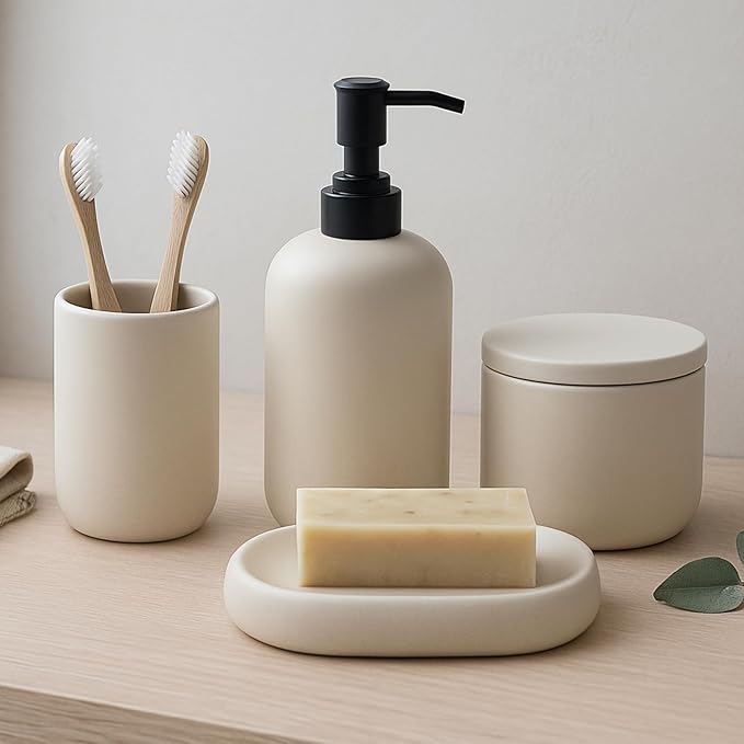 Ceramic Bathroom Accessories Set 4 Pcs – Modern Scandinavian Neutral Bathroom Soap Dispenser Set with Toothbrush Holder, Soap Dish & Cup – Minimalist Bathroom Accessory Set Decor - Cream/Light Beige