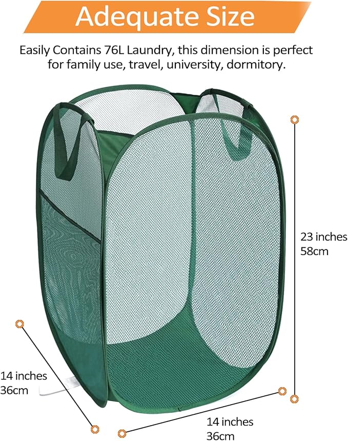2 Pcs Durable Collapsible Laundry Baskets - Reinforced Mesh Pop Up Laundry Hamper with Pocket, Foldable Dirty Clothes Hamper with Carry Handles for Laundry, Bathroom, Kids Room, Dorm or Travel Green