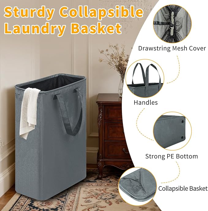 Slim Laundry Hamper, 48L Ultra Thin Collapsible Laundry Basket with Handles, Foldable Basket Laundry Bag Dirty Clothes Hamper for Bathroom Bedroom(Gray)
