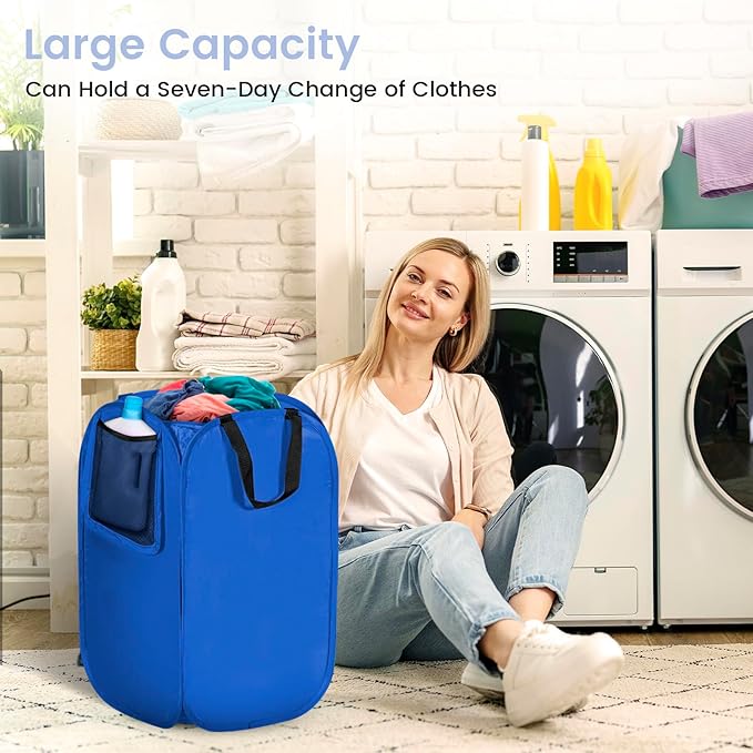 HOUSE AGAIN Upgraded Polyester Pop Up Laundry Hamper, Collapsible Laundry Baskets with Durable Handles Solid Bottom High Steel Frame and Side Pocket, Easy Open & Save space,Perfect for Storage(Blue)